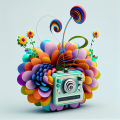 Poster - Beautiful abstract illustration creative Radio with Short Antenna with flowers and smoke.
