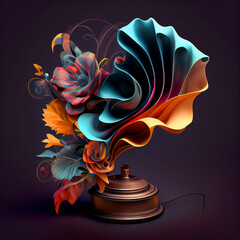 Poster - Beautiful abstract illustration creative Gramophone with flowers and smoke.
