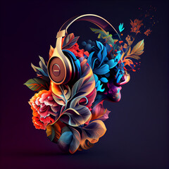 Canvas Print - Beautiful abstract illustration creative DJ with Headphones with flowers and smoke.