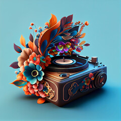 Poster - Beautiful abstract illustration creative Audio Recorder with flowers and smoke.