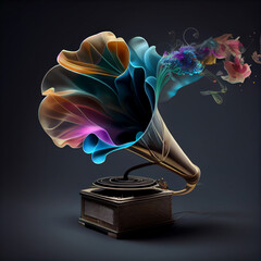 Poster - Beautiful abstract illustration creative Gramophone with flowers and smoke.
