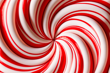 Wall Mural - Candy cane swirling radial background. Close up view of ice cream or lollipop with depth of field. Generative AI