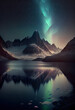 Beautiful aurora in the sky against majestic mountains and lake at night. Digitally generated AI image