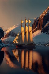 A Massive Schooner in a bay surrounded by snow covered cliffs with the sunset in the background.