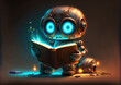 Cute surprised robot child after reading in a book, cartoon style, android kid, anthropomorphic art created by ai