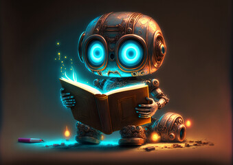 cute surprised robot child after reading in a book, cartoon style, android kid, anthropomorphic art 