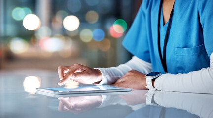 Canvas Print - Healthcare, tablet and hands of nurse working online for medical research, planning and schedule in hospital. Telehealth, communication and black woman with digital tech for consultation in clinic