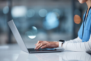 Aufkleber - Doctor, hands and laptop in healthcare research, browsing or searching online for medical data at night in a hospital. Hand of nurse typing on computer in communication, email or networking at clinic