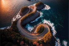  A Winding Road With A Car Driving On It Near The Ocean And A Cliff With A Boat On It And A Boat In The Water.  Generative Ai