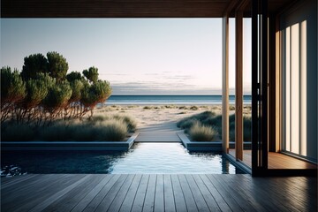  a room with a view of the ocean and a pool in the middle of it with a wooden floor and a large window with a view of the ocean.  generative ai