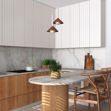 Modern Japandi Kitchen In White Tones. Dining Island With Chairs. Herringbone Parquet Floor And Potted Plants. Wooden Interior Design