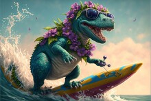  A Dinosaur Riding A Surfboard In The Ocean With Flowers On Its Head And Sunglasses On Its Head, Riding A Wave With A Surfboard.  Generative Ai