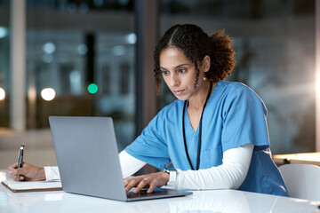 Aufkleber - Laptop, healthcare and doctor writing in notebook for medical research, planning and schedule in hospital. Telehealth, research and black woman with digital tech for online consultation in clinic