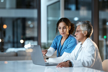 Wall Mural - team of doctors, health and women with laptop, work together and digital clinic schedule or agenda. 