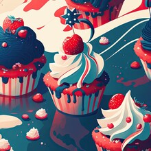 Tasty Cupcakes In Blue, White, Red Colors Of American Flag, AI Generative Illustration.