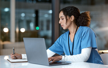 Aufkleber - Research, writing and doctor black woman with notebook for medical report, healthcare and schedule in hospital. Medicine, clinic and nurse write notes for prescription, insurance and consultation