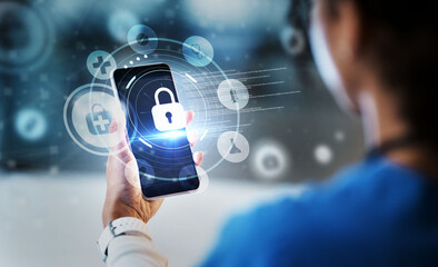 Leinwandbilder - Nurse, phone or healthcare in medical cybersecurity, life insurance or data safety lock on internet app or hospital database. Woman, doctor or futuristic technology in night overlay of software trust
