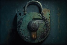  A Green Padlock With A Metal Handle And A Circular Lock On It's Side, With A Chain Hanging From The Middle Of The Padlock.  Generative Ai