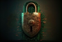 A Green And Gold Padlock With A Key On It's Side And A Circuit Board In The Background With A Green And Black Background.  Generative Ai