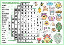Vector Easter Egg Shaped Word Search Puzzle For Kids. Spring Holiday Quiz For Children. Educational Activity With Kawaii Symbols. Cute English Language Cross Word With Bunny, Chick, Flower.