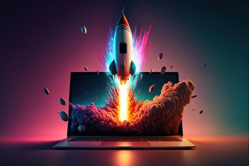 Rocket illustration popping out of laptop screen, startup concept, background with neon lights. Generative AI