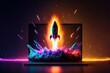 © Deivison - Rocket illustration popping out of laptop screen, startup concept, background with neon lights. Generative AI