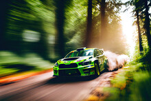 Rally Racing Car In Forest In Motion  With Dust Trail And Glowing Lens Flare On Background.  
Digitally Generated AI Image.
