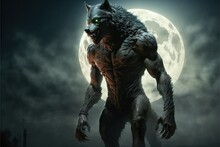 Werewolf Illustration At Night, With Full Moon In The Background. Generative AI