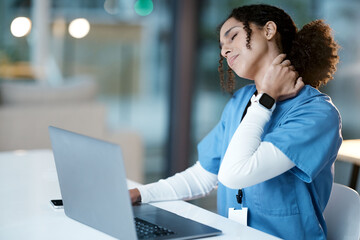 Poster - Doctor, laptop and neck pain at night in agony, stressed or burnout by desk at the hospital. Woman medical professional suffering from painful injury, ache or inflammation working late on computer