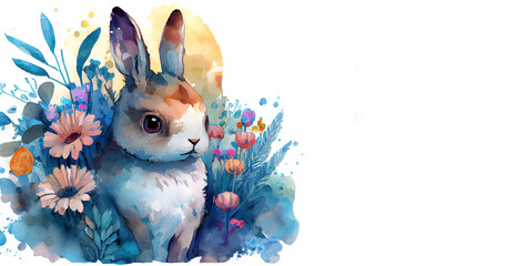 Wall Mural - Watercolor painting of rabbit banner with copy space as illustration of Easter bunny hiding in flowers generative AI art