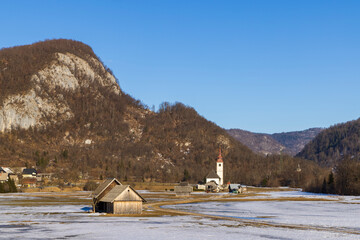 Canvas Print - Landscape with church (Cerkev Rozenvenske Marije) near Bohinjska Bistrica, Slovenia