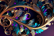 Abstract Ornate Pattern And Flowers And Vines, Gold And Iridescent, Generative Ai
