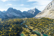idyllic forest valley surrounded by snowy peaks 