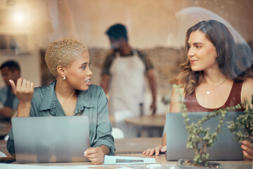 Aufkleber - Discussion, laptop and business women in cafe window for conversation, planning and b2b networking. Communication, teamwork and female workers talking for project ideas, strategy report and research