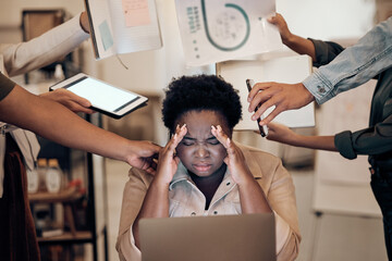 Poster - Stress, headache and multitask woman manager with anxiety, burnout and focus problem working in office. Laptop, phone call and documents chaos of corporate secretary, administration and people hands