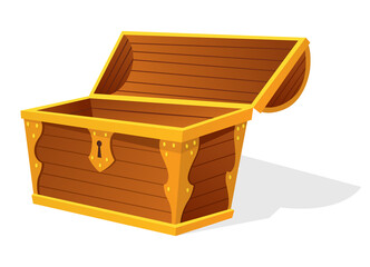 Wall Mural - Chest. Empty old wooden chest for gold treasure. Cartoon ancient container for pirates isolated icon on white. Game wooden antique box for treasure