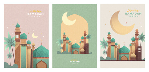 Wall Mural - Ramadan Kareem Set of posters, cards, holiday covers. Arabic text translation Ramadan Kareem. Modern beautiful design in pastel colors with mosque, moon crescent, stars in the sky, arches window