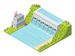 Hydro power isometric. Hydroelectric power plant. Alternative energy concept, factory electric. Water power station dam on the river. illustration
