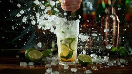 Wall Mural - Super slow motion of making mojito cocktail with camera movement. Speed ramp effect. Filmed on high speed cinema camera with cinebot, 1000 fps.