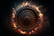 Wheel of fortune made of fire and smoke on black background.
Digitally generated AI image