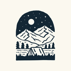 Camping under star and wild mountain hand drawing vector illustration