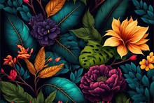 Wallpaper Pattern With Colorful Flowers And Leaves. 3d Interior Mural Painting Wall Art Decor Wallpaper. Floral Pattern Nature Plant With Bright Color Flowers Illustration Background. Generative Ai.