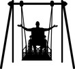 Silhouette of a happy man is a disabled person in a wheelchair on an adaptive swing for disabled people. Vector Silhouette