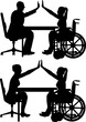 Vector silhouette of a woman disabled in wheelchair and a colleague doing the hand gesture high five