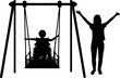 © Prazis Images - Happy child is disabled in a wheelchair on an adaptive swing for disabled children with mom. Vector Silhouette.