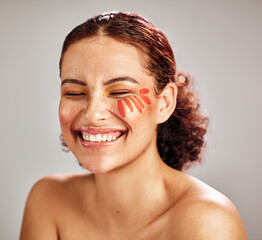 Wall Mural - makeup, flower and woman face with a smile for natural beauty skin glow, cosmetic and dermatology. s