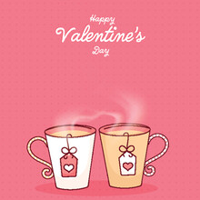 Happy Valentine's Day Concept, Couple Of Hot Glass Or Mugs With Tea Bag On Pink Dotted Background.