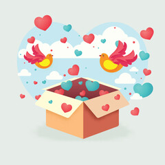 Wall Mural - Hearts Coming Out of Cardboard Box With Flying Birds On Clouds Cyan Heart Shape Background. Valentine's Day Concept.