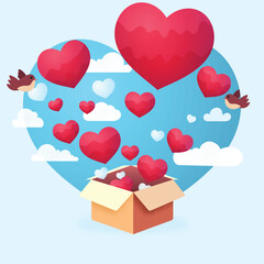 Wall Mural - Hearts Coming Out of Cardboard Box With Flying Birds On Clouds Background. Valentine's Day Concept.