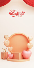 Poster - 3D Render of Circle Frame Or Stand Decorated With Heart Shape Balloons Against Red Curtains. Love Or Valentine's Day Concept.